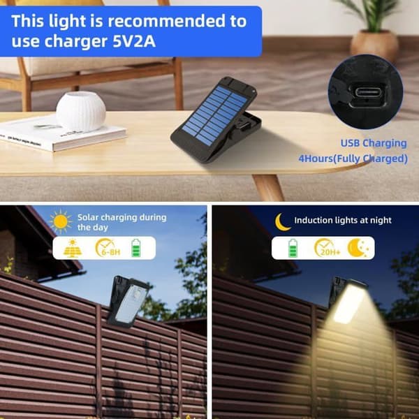 Udendørs Solcellelampe, 2 Stykker Solcellelampe med klemme og bevægelsessensor, 73 LED'er 3 Tilstande LED solcelle væglampe