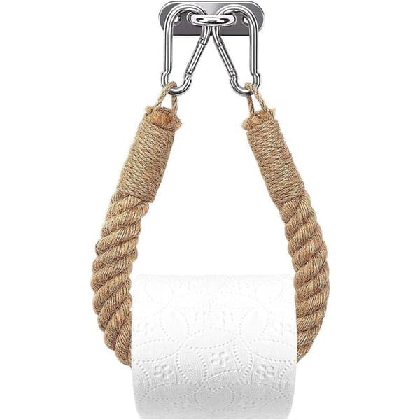 Toiletpapirholder lavet af jutereb og rustfrit stål. Rustbestandig. Nem vægmontering. Industrielt design til badeværelset.