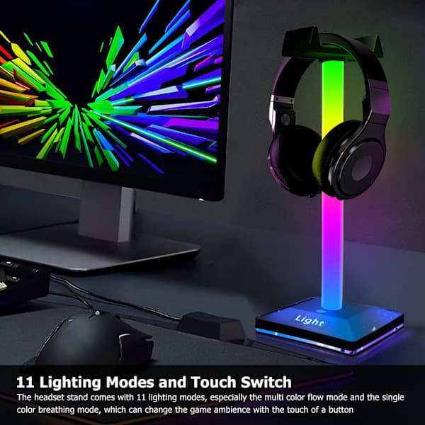 Stilige PC-gamingtilbehør, LED-belyst hodetelefonstativ, dreielager for fleksibel plassering, 11 tilpassbare lysmoduser, sklisikker base