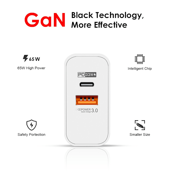 65W GaN hurtigoplader med USB C-kabel, til mobil og MacBook Pro, hvid