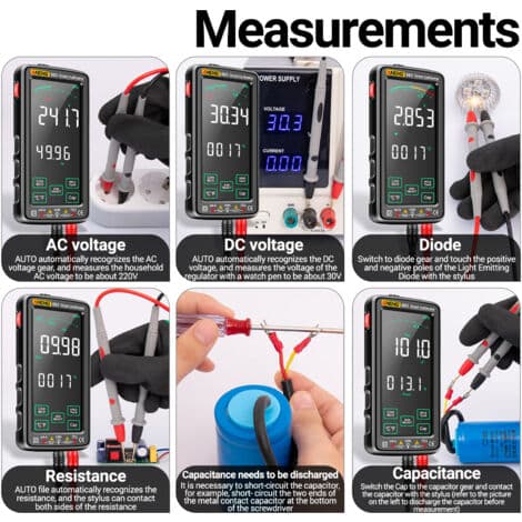 Digitalt multimeter med touchscreen, manuel og automatisk dobbeltfunktion, spænding, strøm, modstand, kapacitans, temperaturmåling, multifunktion