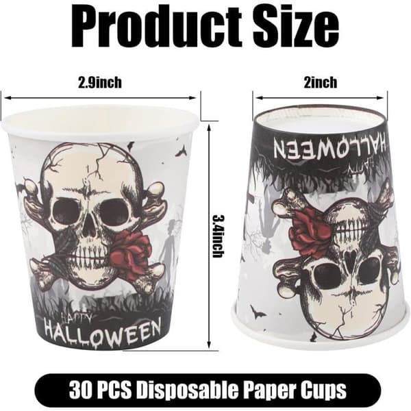 30 stk. engangskopper til Halloween, 255 ml engangskopper med skjelett- og hodeskalledesign