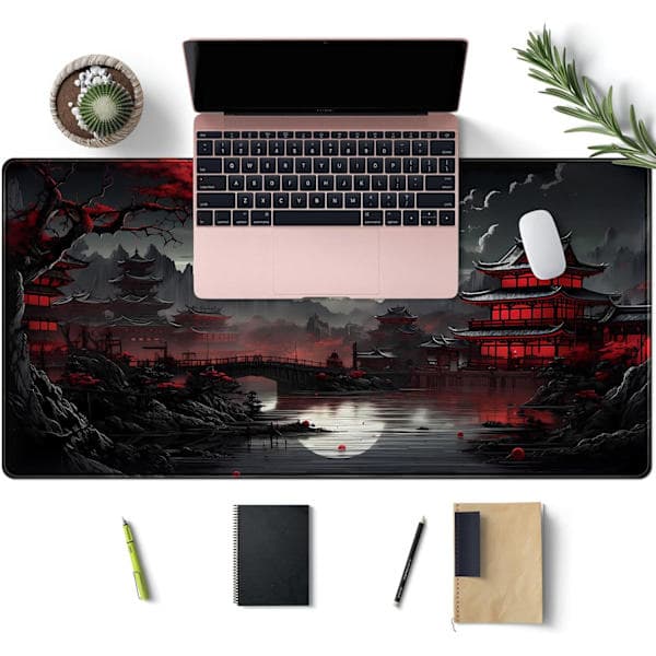 Japansk skrivebordsmåtte Fuld Måne Skrivebordsmåtte Sort Rød 80 x 40 cm Musemåtte Gaming Musemåtte Udvidet Tastaturmåtte Bærbar Com