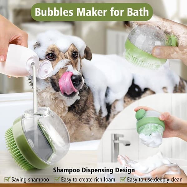 Hundebadebørste, pleje, massage shampoo, badebørste med sæbedispenser, bløde silikonebørster, grøn