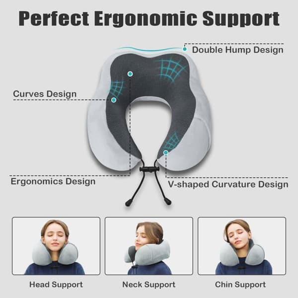 Resekudde, Memory Foam Resekudde, Sovmask, Öronproppar, Transportväska Ingår, Grå