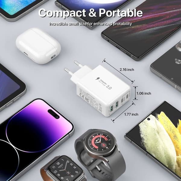 40W USB C Hurtiglader, 4-porter USB Multi-lader med PD og QC3.0, USB-C Strømadapter Kompatibel med iPhone osv. White Power: 55W