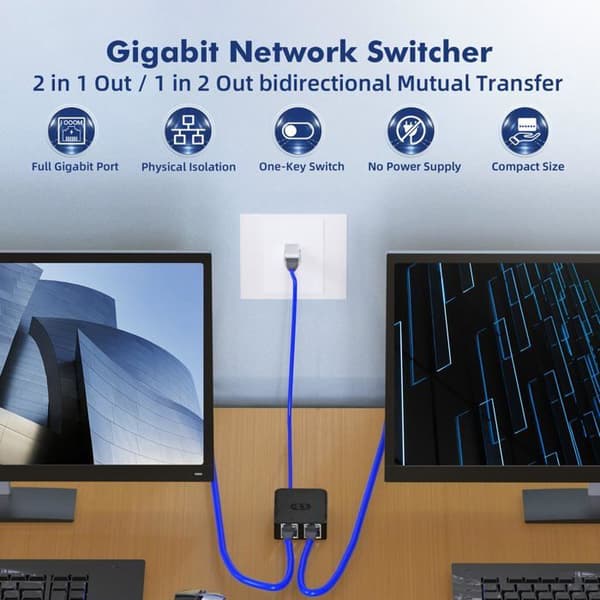 Gigabit netværksswitch, input/output til netværk A eller B, tovejs manuel switch, ingen strømforsyning påkrævet