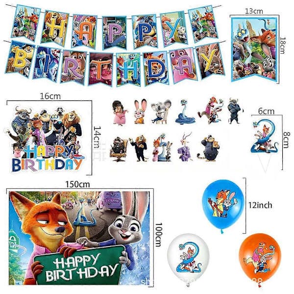 Zootopia Festdekoration Sæt 2-pak Banner Balloner Kagepynt Baggrund B B