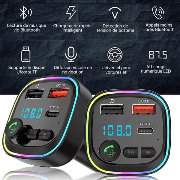 Bluetooth 5.3 FM-lähetin, Bluetooth-autosovitinlähetin, 2 USB-porttia ja 1 Type-C-portti