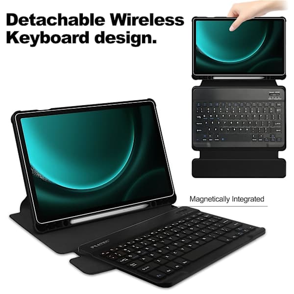 Samsung Galaxy Tab S9 FE Plus -kotelo, Bluetooth-näppäimistöllä ja pyörivällä jalustalla, musta Black
