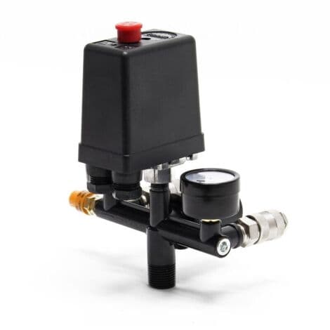 Trykregulator med ¼ trykafbryder – Display 0 til 12 bar – Spænding 240V – Maks. tryk 8 bar – 2 trykmålerdisplays