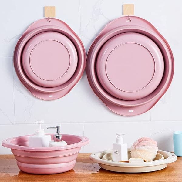 Hopfällbart diskho, vikbar diskho, multifunktionell medelstor vikbar rund diskho, platsbesparande bärbar vikbar skål, rosa