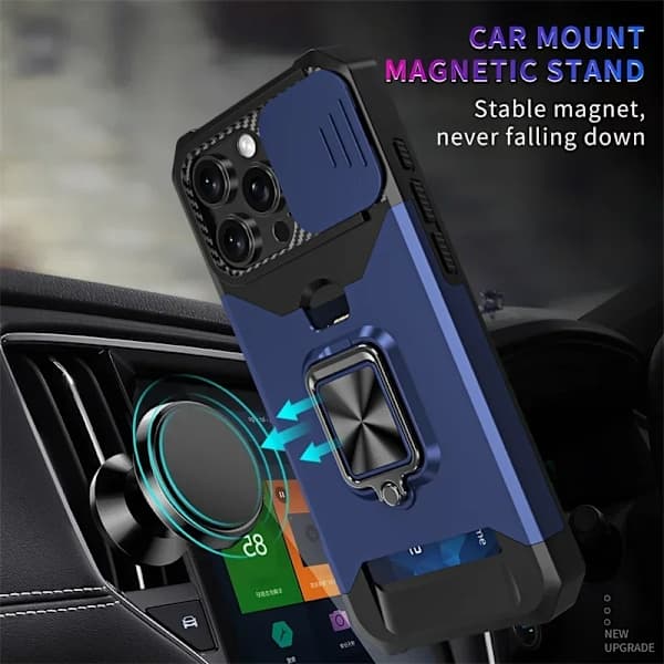 Kortplats Armor Funda för iPhone 16 15 Pro Max Plus Skjutbart Linsskydd Telefonfodral med Magnetisk Hållarring iPhone16Plus iPhone16Plus