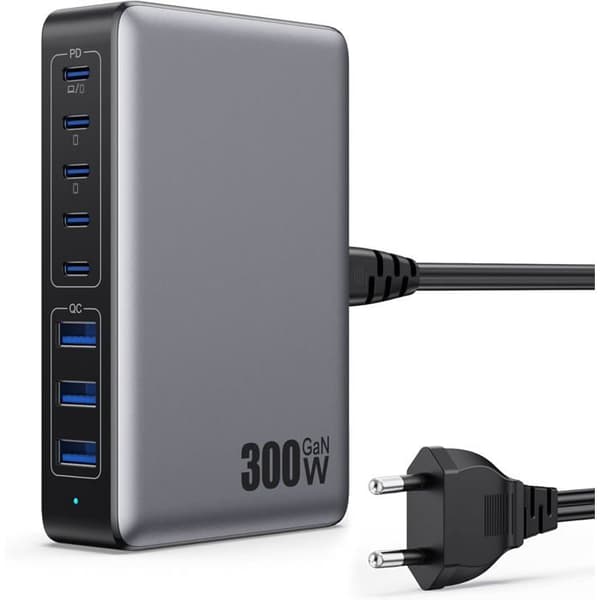 300W USB C-lader med 8 porter GaN Ⅳ Tech, 100W hurtiglader PD QC PPS USB C-uttak, grå