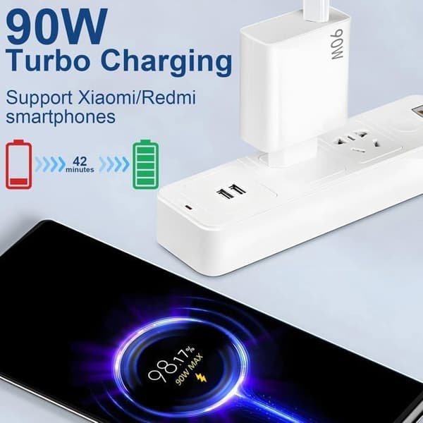 90W Hurtigoplader til Xiaomi Redmi Note 14/13/12/11 Pro 14C, Hypercharge USB-C 6A, Turbooplader med 1M USB-C Kabel til Xiaomi