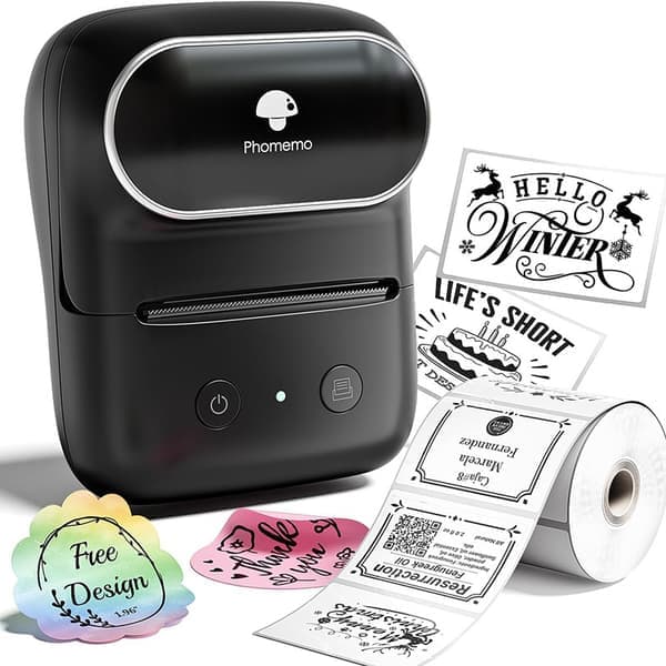 Lollanda Multifunktionsprinter, Mini Termisk Printer med 1 Rulle Etiketbånd - Bærbar Bluetooth Etiketprinter 11,4x8,7x5,9 cm