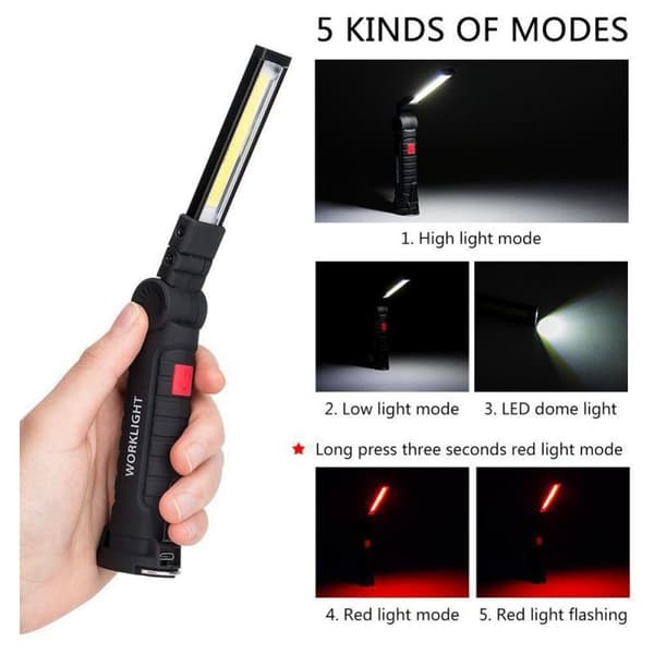 Oppladbar COB LED arbeidslampe – 5 lysmoduser – 360° rotasjon – Kraftig magnet og krok for montering – USB-kabel inkludert
