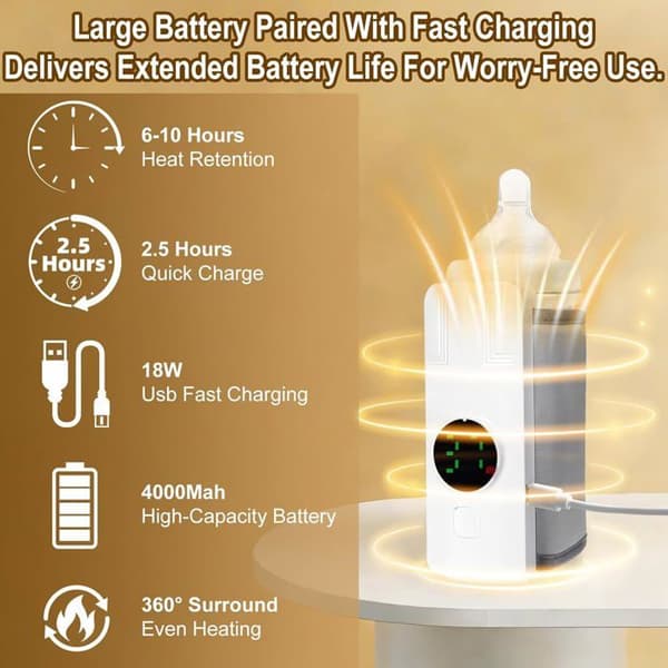Kannettava pullonlämmitin, langaton USB-pullonlämmitin LCD-näytöllä, 5 lämpötilatasoa 37-55°C, 4000mAh USB-pullonlämmitin