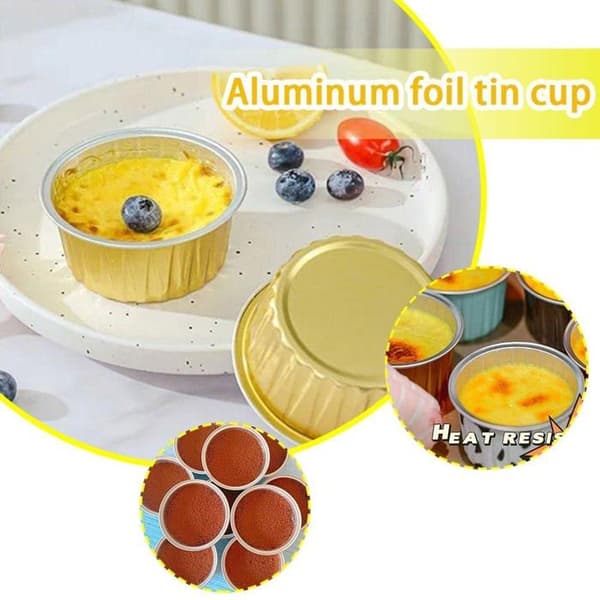 50-pak genanvendelige ramekinforme i aluminium, cupcakeforme, mini buddingforme til fester og jul (130 ml), guldfarve