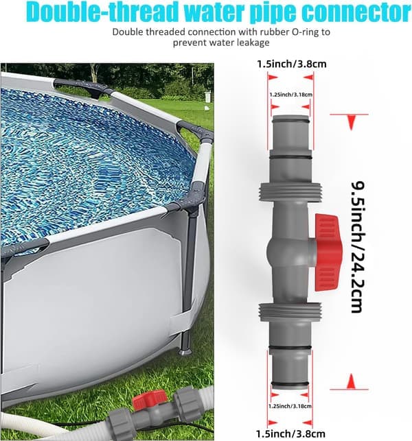 Poolslangeadapter med tænd/sluk-ventil – 1 - 1/4″ & 1 - 1/2″ T-formet plastikforbindelse, lækagesikkert design til poolstøvsuger grå