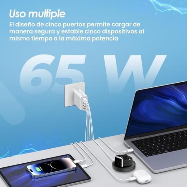 3-stjerner | 65W USB-lader | 5 porter: 2 USB-C + 3 USB-A | QC 3.0 hurtiglading | Multi-USB-port kompatibel med