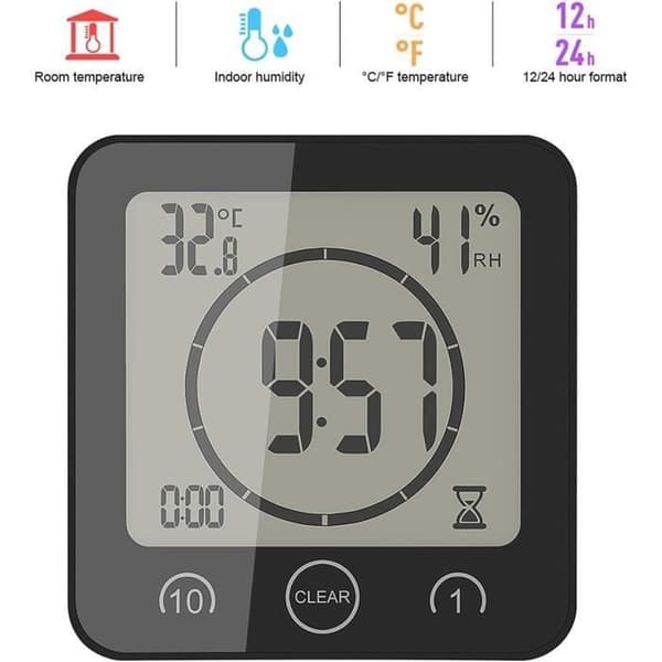 Badeværelsesur, LCD digitalt termometer hygrometer digitalt brusebadstimer vækkeur