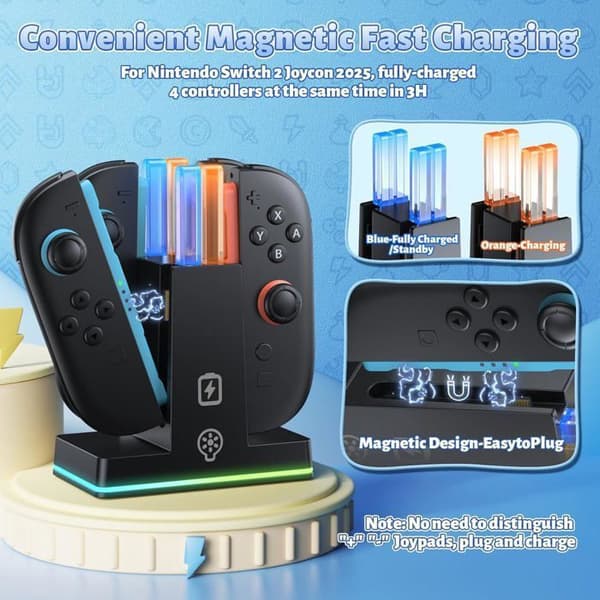 RGB-kontrollerlader kompatibel med Switch, 2FASTSNAIL Ladestasjon for Joycon 2, Tilbehør til Switch 2, 9 moduser