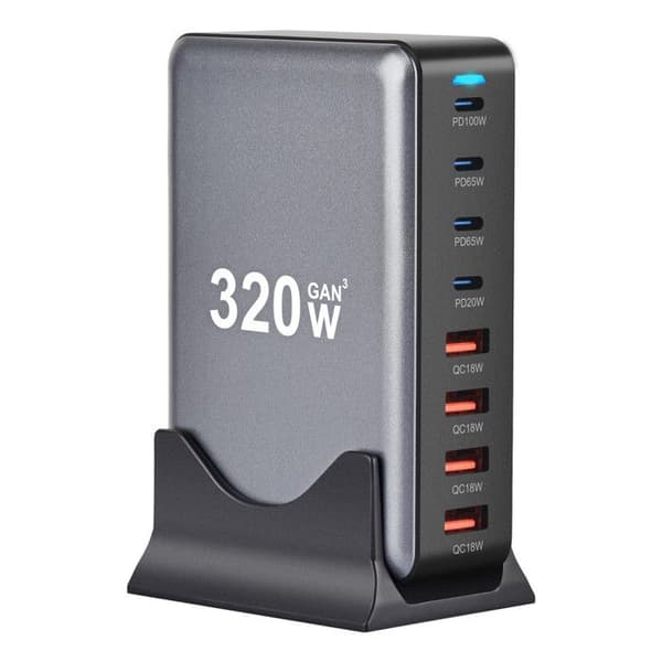 320W USB C Multi-lader, 8 porter GaN III Tech Hurtiglader Stasjon med 4A +4C USB-strømskinne, Grå