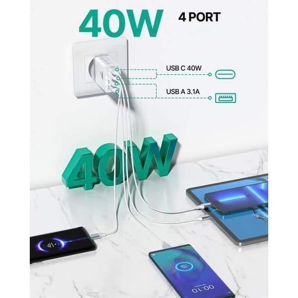 40W USB C Hurtiglader, 4-porter USB Multi-lader med PD og QC3.0, USB-C Strømadapter Kompatibel med iPhone osv. White Power: 55W