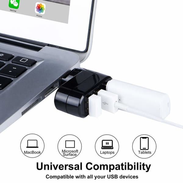 3-ports USB 2.0 Hub, 180 graders rotation, Mini roterende ekstern splitteradapter til bærbar computer (sort)