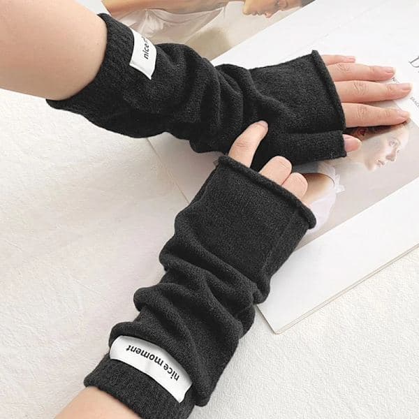 Bløde fingerløse kashmirhandsker til kvinder, lang model, med forbundne fingre. sort black