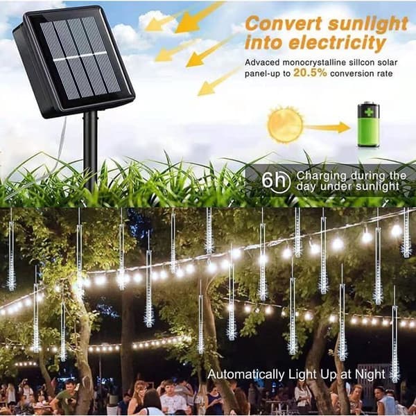 Solcellelys for Meteorregn, IP65 Vanntette Julelys med 50 cm Rør, 10 Rør, 240 LED, Hvit