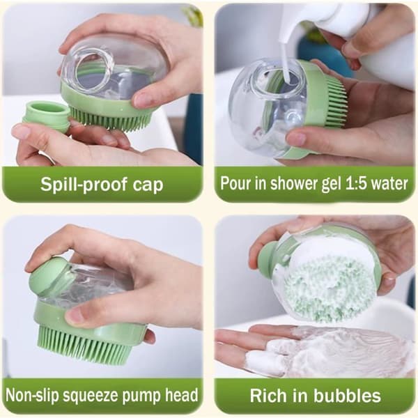Hundebadebørste, pleje, massage shampoo, badebørste med sæbedispenser, bløde silikonebørster, grøn