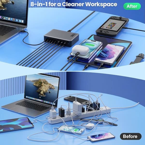 320W USB C Multi-lader, 8 porter GaN III Tech Hurtiglader Stasjon med 4A +4C USB-strømskinne, Grå