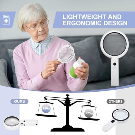 5X/11X belyst förstoringsglas med vikbart stativ – 75 mm linsdiameter – 8 justerbara LED-lampor – USB- eller 3 AAA-batteridriven