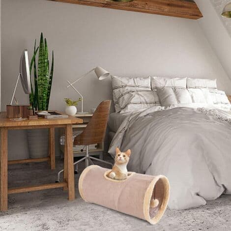 Sammenklappelig tunnel til katte og kaniner – Ruskind og polyester – 25 cm diameter, 50 cm længde – Indbygget knitrelyd