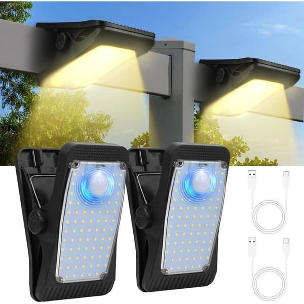 Utendørs solcellelampe, 2 stk. solcellelampe med klemme og bevegelsessensor, 73 LED 3 moduser LED solcellevegglampe