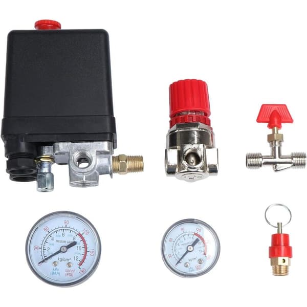 Luftkompressor, trykkbryter, ventil, trykkbryter, luftkompressor med regulator og måler