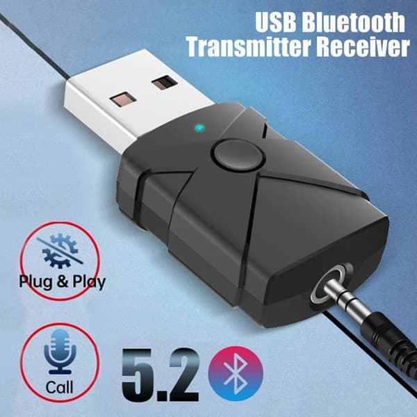 Bluetooth 5.2 sender/mottaker, 5-i-1 trådløs bil Bluetooth Aux-adapter med 3,5 mm jack