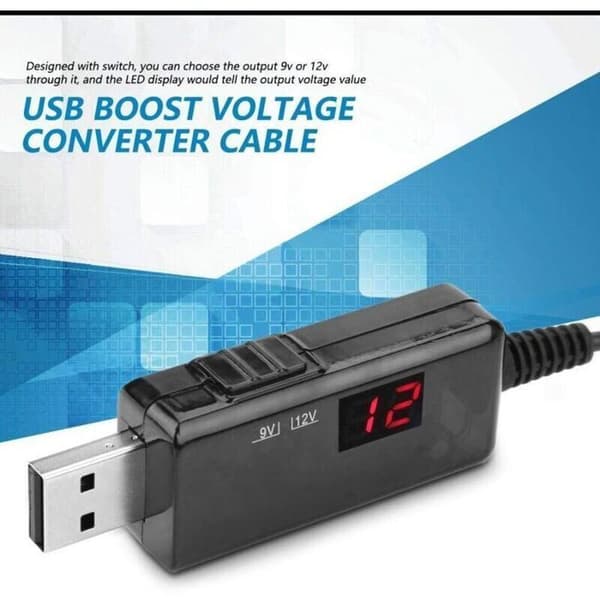 USB till 9V/12V boost-omvandlare för router, boost-kabel med display, svart