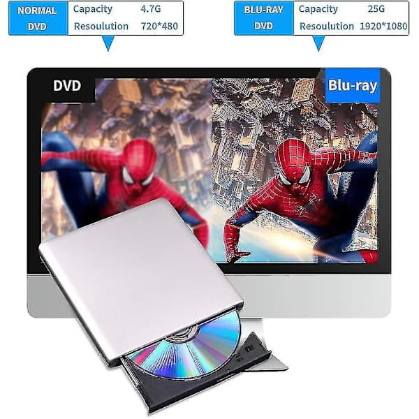 Eksternt Blu-ray DVD-drev 3D, USB 3.0 og Type-C Bluray CD DVD-læser Slankt Optisk Bærbart Blu-ray-drev til Macbook OS Windows XP/7/8/10, Bærbar computer