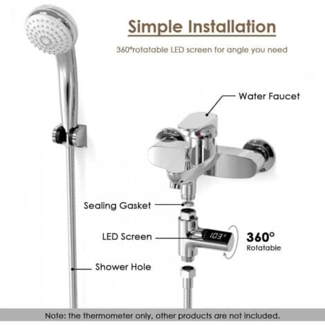 Digitalt LED-brusetermometer 5-85 °C – 360° roterende display – Batterifrit vandkraftsystem – Nøjagtighed ±0,5 °C