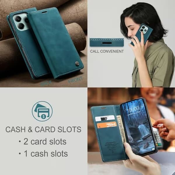 Fodral för Xiaomi Redmi Note 14 5G - Premium Plånboksfodral i läder - Blågrön Redmi Note 14 Bleu