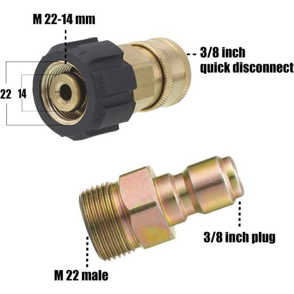 Højtryksrenseradapter, 9,5 mm lynkoblingssæt, M22 14 mm til M22, metrisk fitting, 5000 PSI