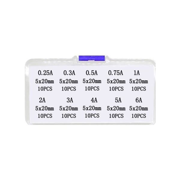 100-pack säkringar, 5x20mm säkring, 0.25A-6A snabbverkande glassäkring