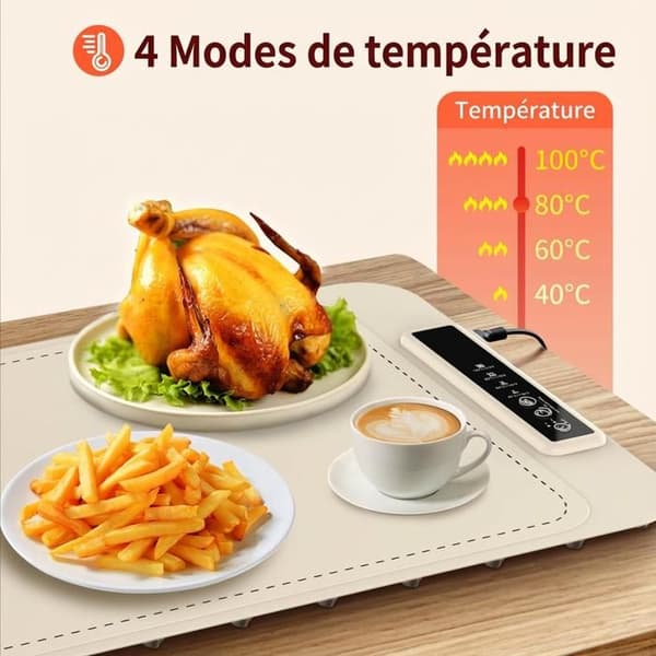 Rulbar skrivebordsvarmeplade til mad - Varmeplade med timer og 4 temperaturindstillinger.