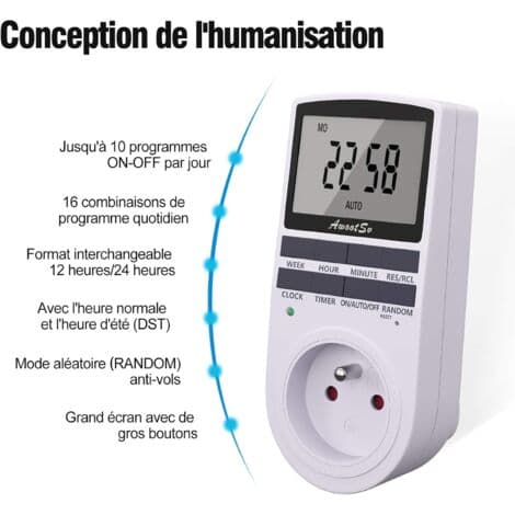 Programmerbar digital stikkontakt-timer – 5,7 cm LCD-skjerm – Tyverisikringsmodus – 10 PÅ-AV-programmer – Energisparing
