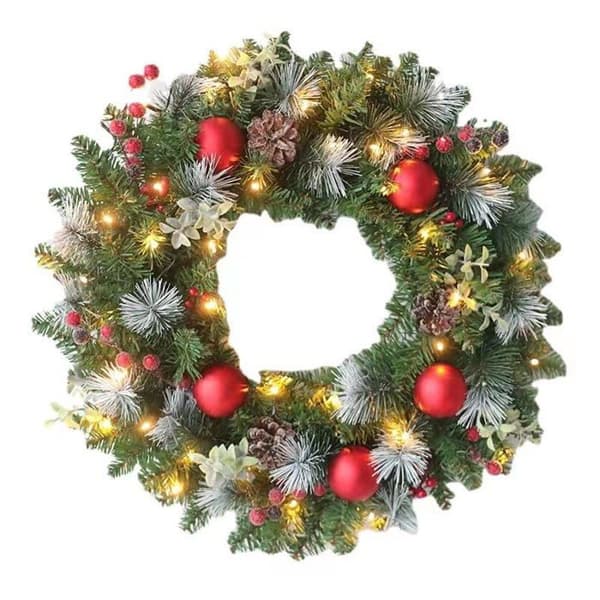 40 cm julekrans, 15,7 tommer kunstig julepynt, kunstig furukrans med lys (A)