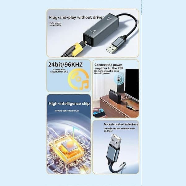 USB til optisk lydkonverter USB til SPDIF-adapter 24bit/96KHZ lydadapter til tilslutning af bærbar computer til soundbar grå