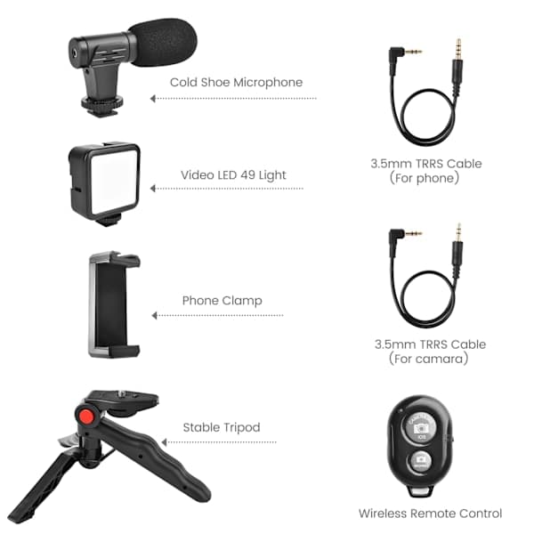 Vlogging-sett med stativ, mikrofon, LED-lys og telefonholder